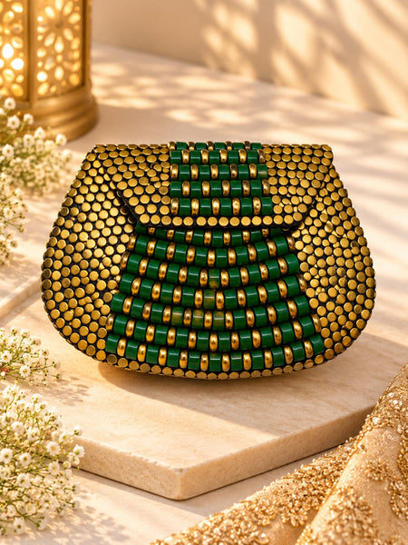 Emerald Green Beaded Metal Clutch with antique-gold studs - The Decus