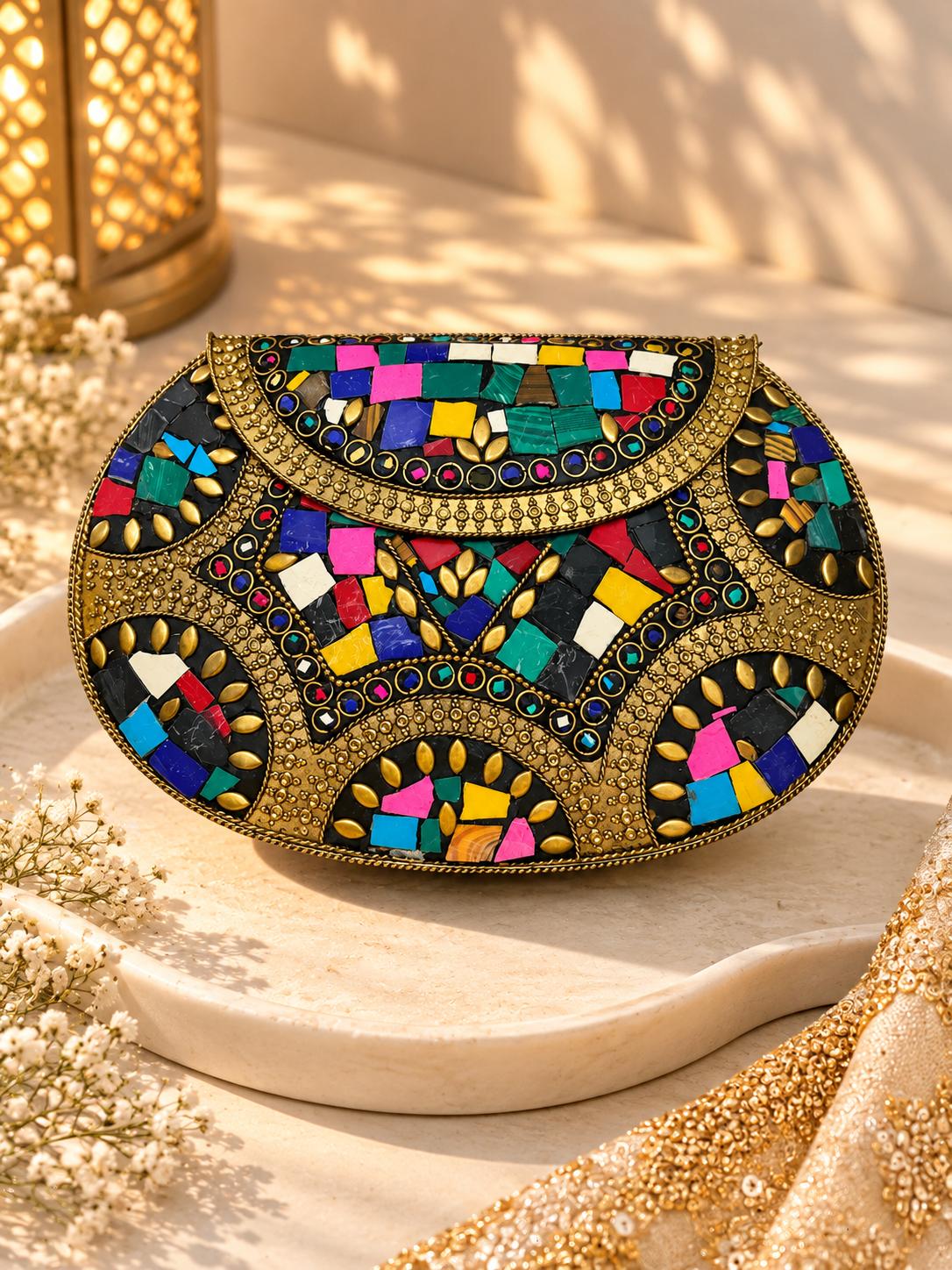 Rainbow Mosaic Metal Clutch with colourful stone tiles and gold filigree - The Decus