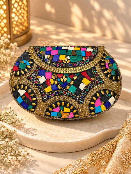 Rainbow Mosaic Metal Clutch with colourful stone tiles and gold filigree - The Decus