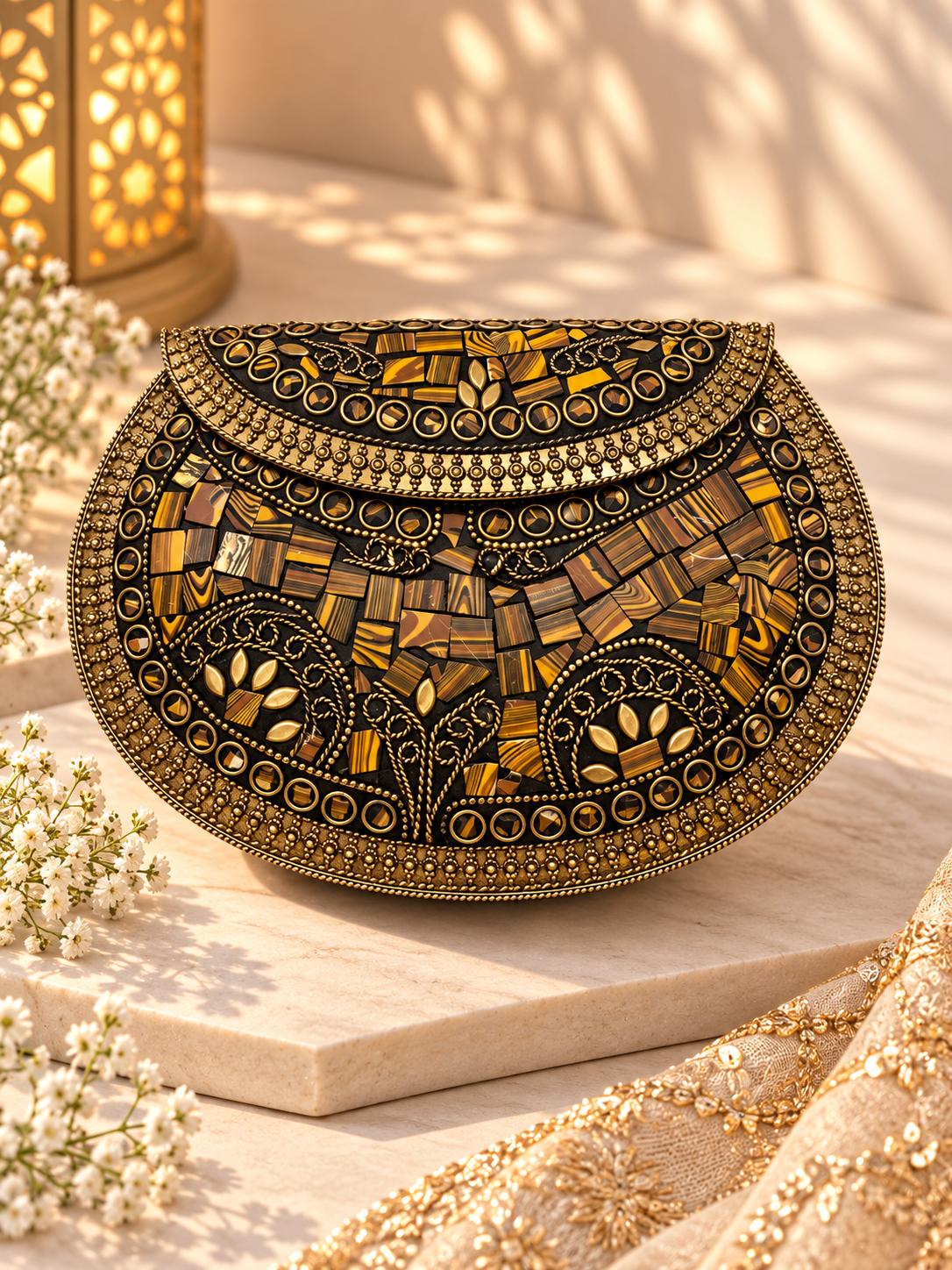 Tiger Eye Filigree Metal Clutch with golden mosaic and antique-gold filigree - The Decus