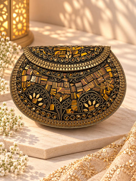 Tiger Eye Filigree Metal Clutch with golden mosaic and antique-gold filigree - The Decus