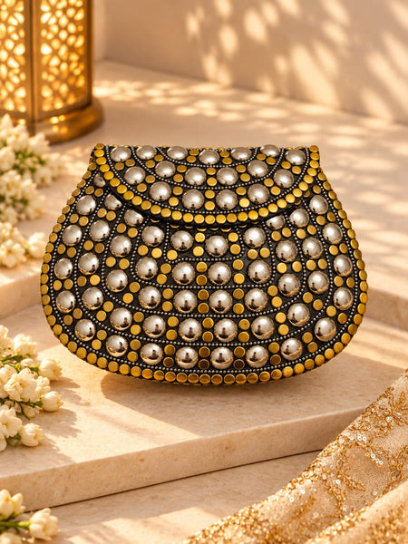 Silver Dome and Gold Stud Metal Clutch in two-tone metal - The Decus
