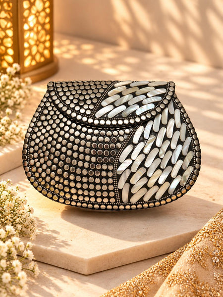 Mother of Pearl Silver Metal Clutch with silver studs and pearl inlay - The Decus