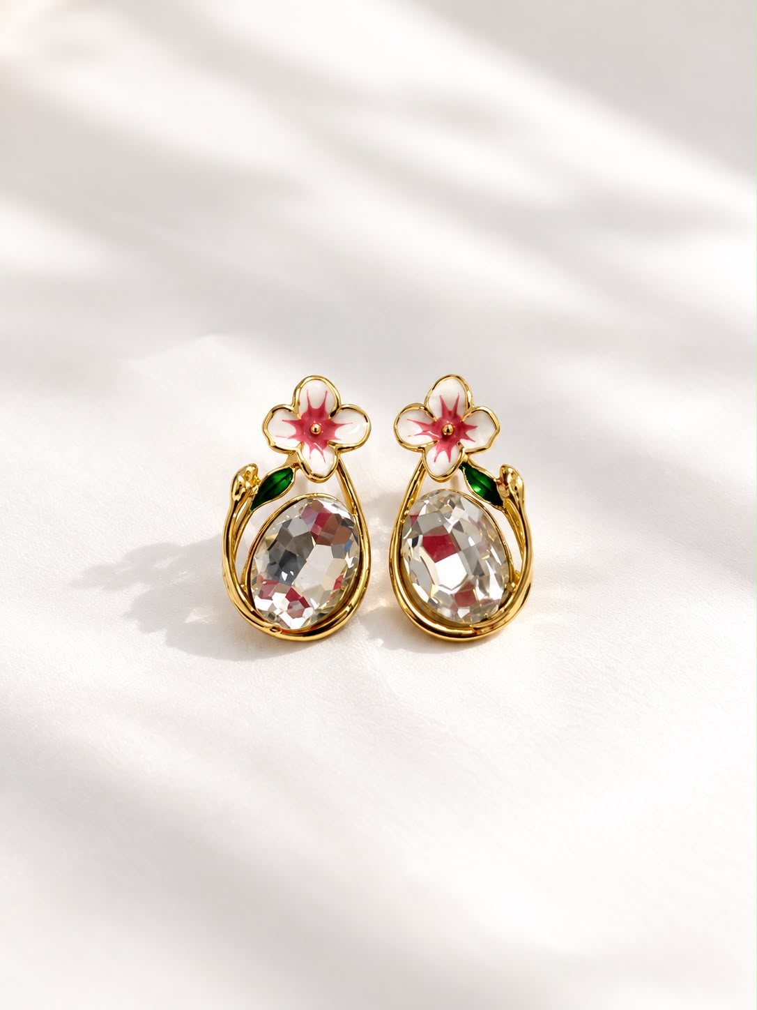 Pink blossom oval crystal earrings - The Decus