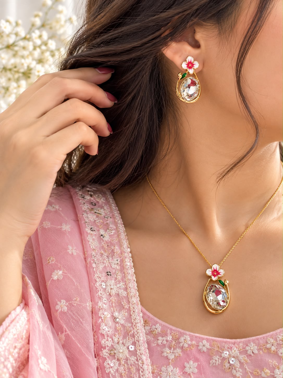 Model wearing Pink Blossom Crystal Pendant Set with pink ethnic outfit - The Decus