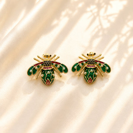 Enamel Bee Pearl Earrings - model wearing