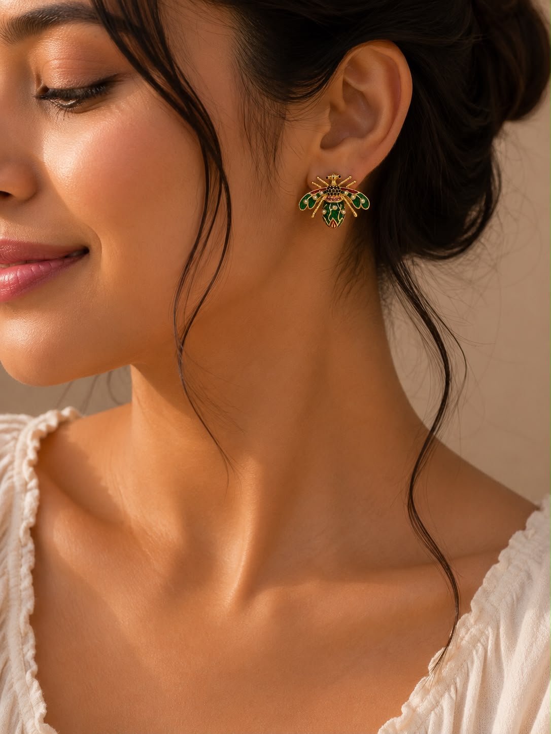 Enamel Bee Pearl Earrings - product view