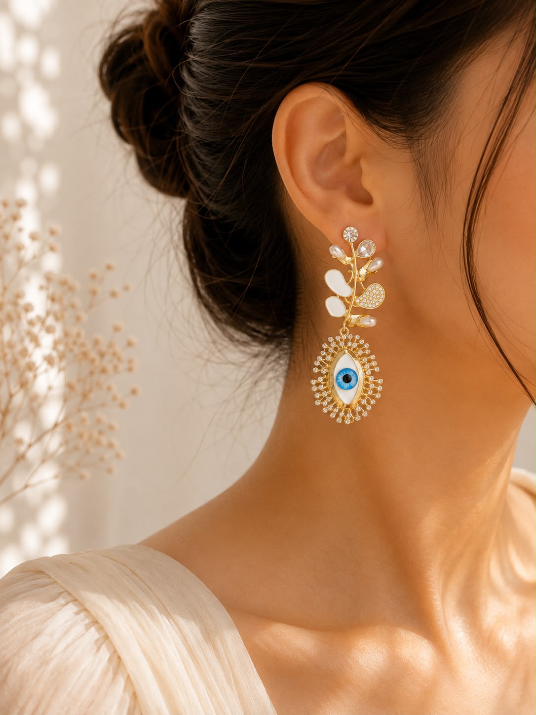 Evil Eye Leaf Pearl Earrings - model wearing