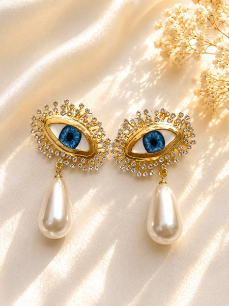 Evil Eye Pearl Teardrop Earrings - model wearing