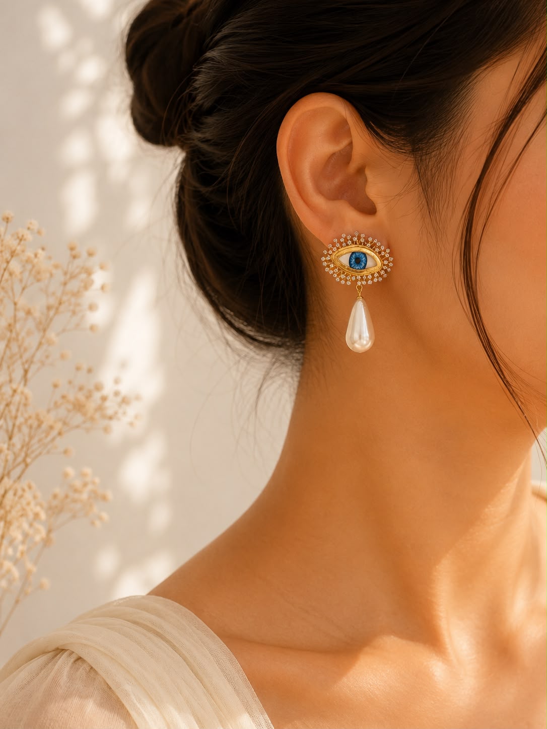 Evil Eye Pearl Teardrop Earrings - product view