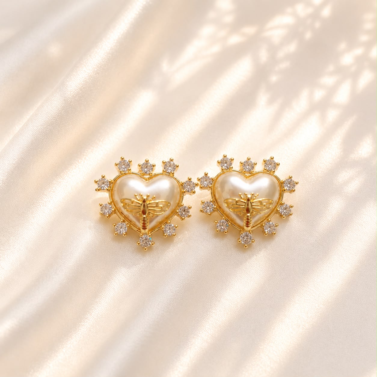Heart Pearl Dragonfly Earrings - model wearing