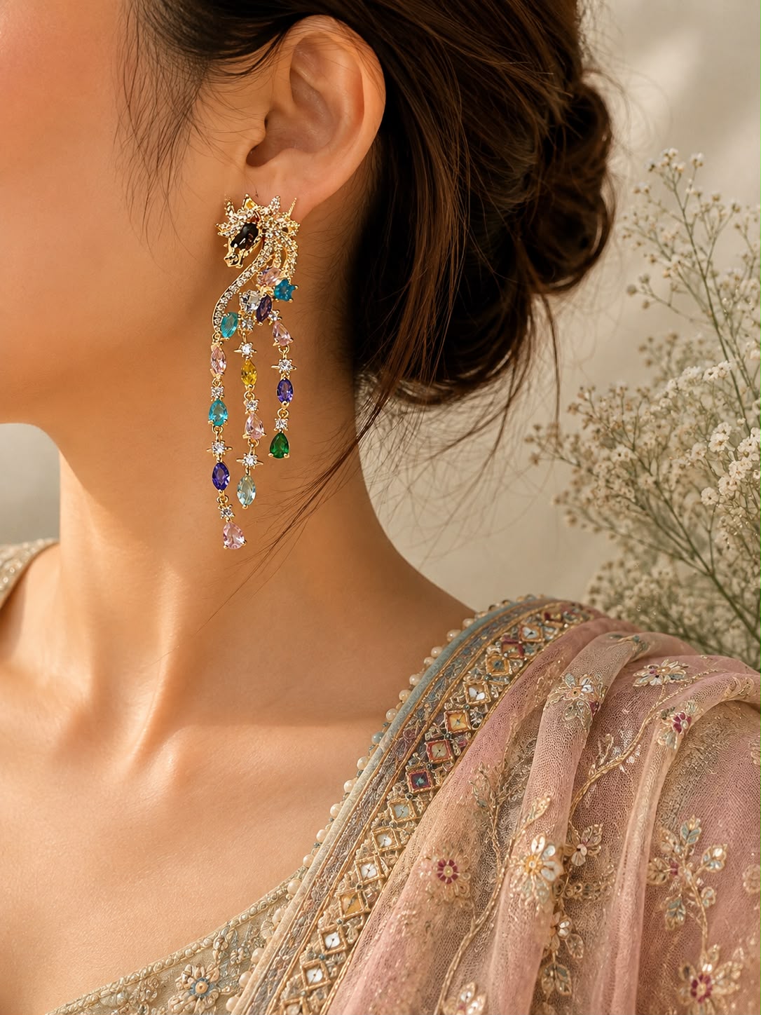 Model wearing long unicorn cascade tassel earrings with a pink embroidered dupatta