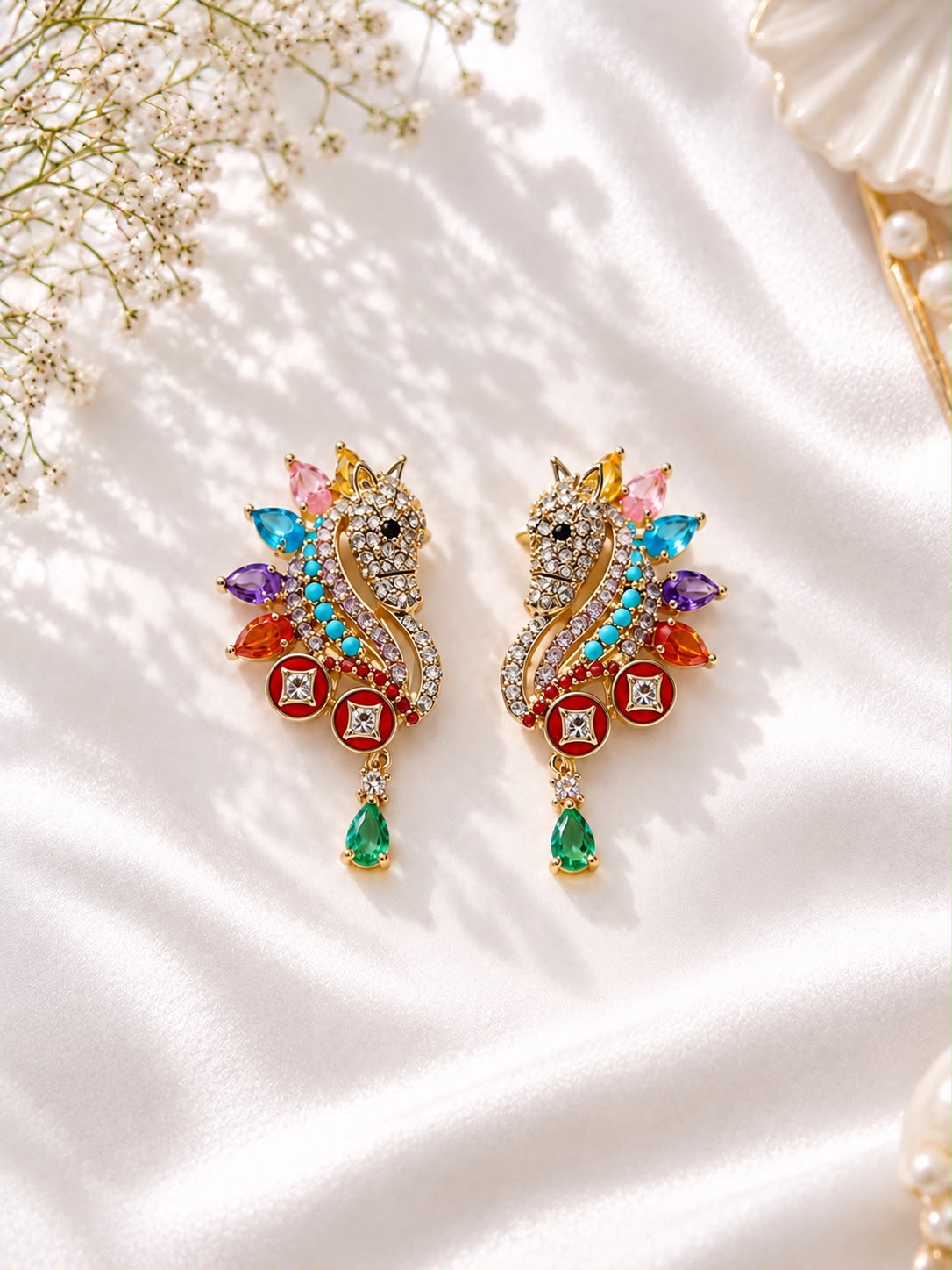 Gold-tone unicorn stud earrings with multicoloured crystals, red enamel medallions and green teardrop