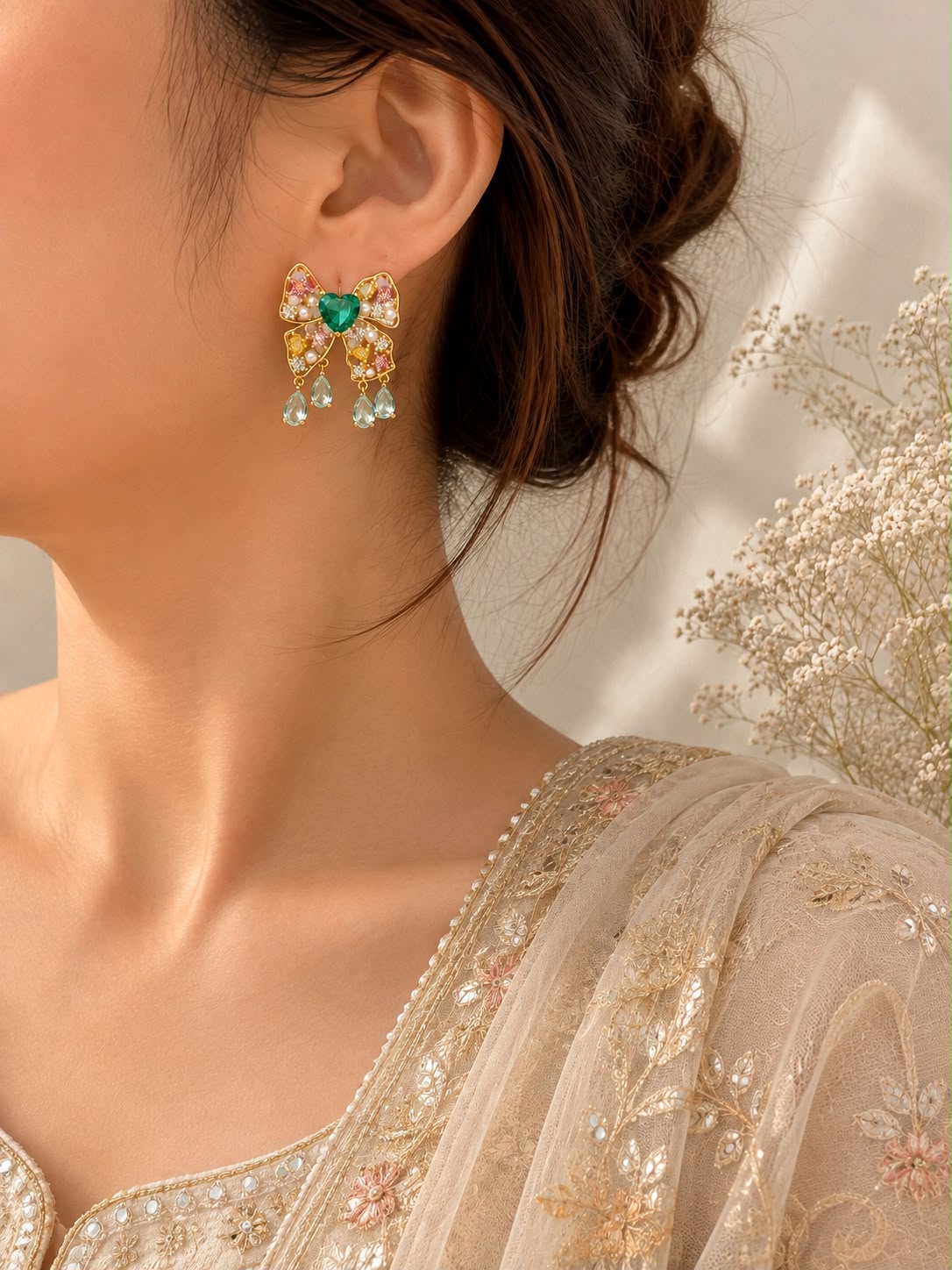 Model wearing emerald heart bow drop earrings with an ivory embroidered outfit