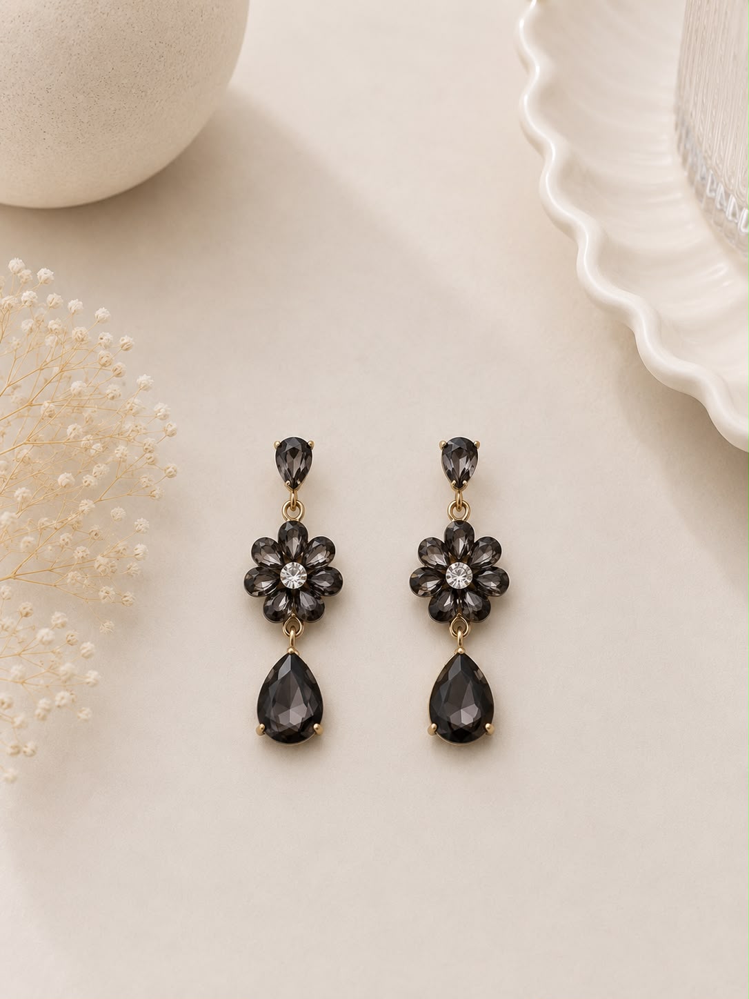 Noir Flower Crystal Drop Earrings