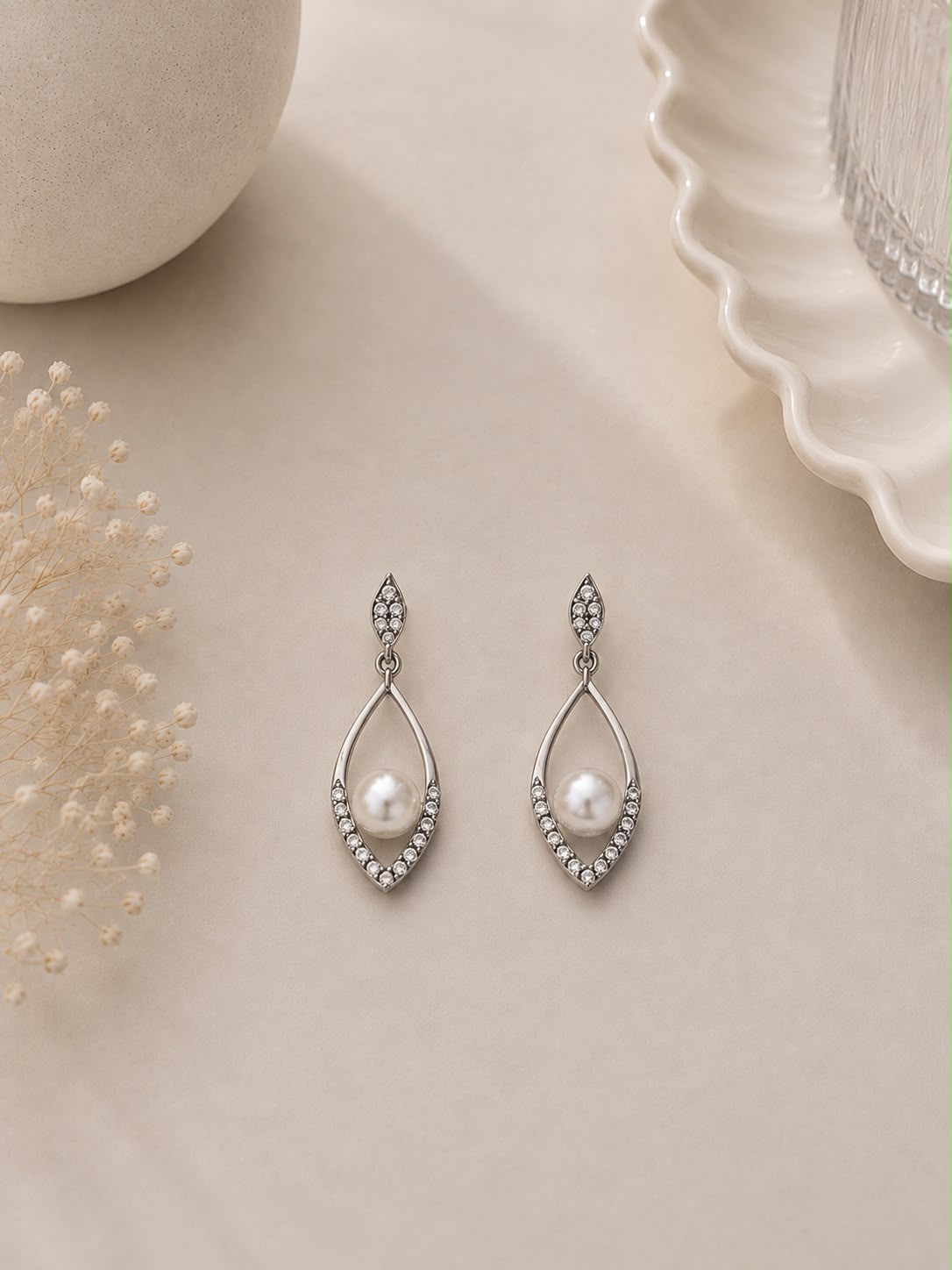 Silver Pearl Marquise Drop Earrings