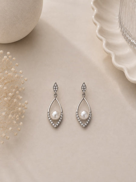 Silver Pearl Marquise Drop Earrings