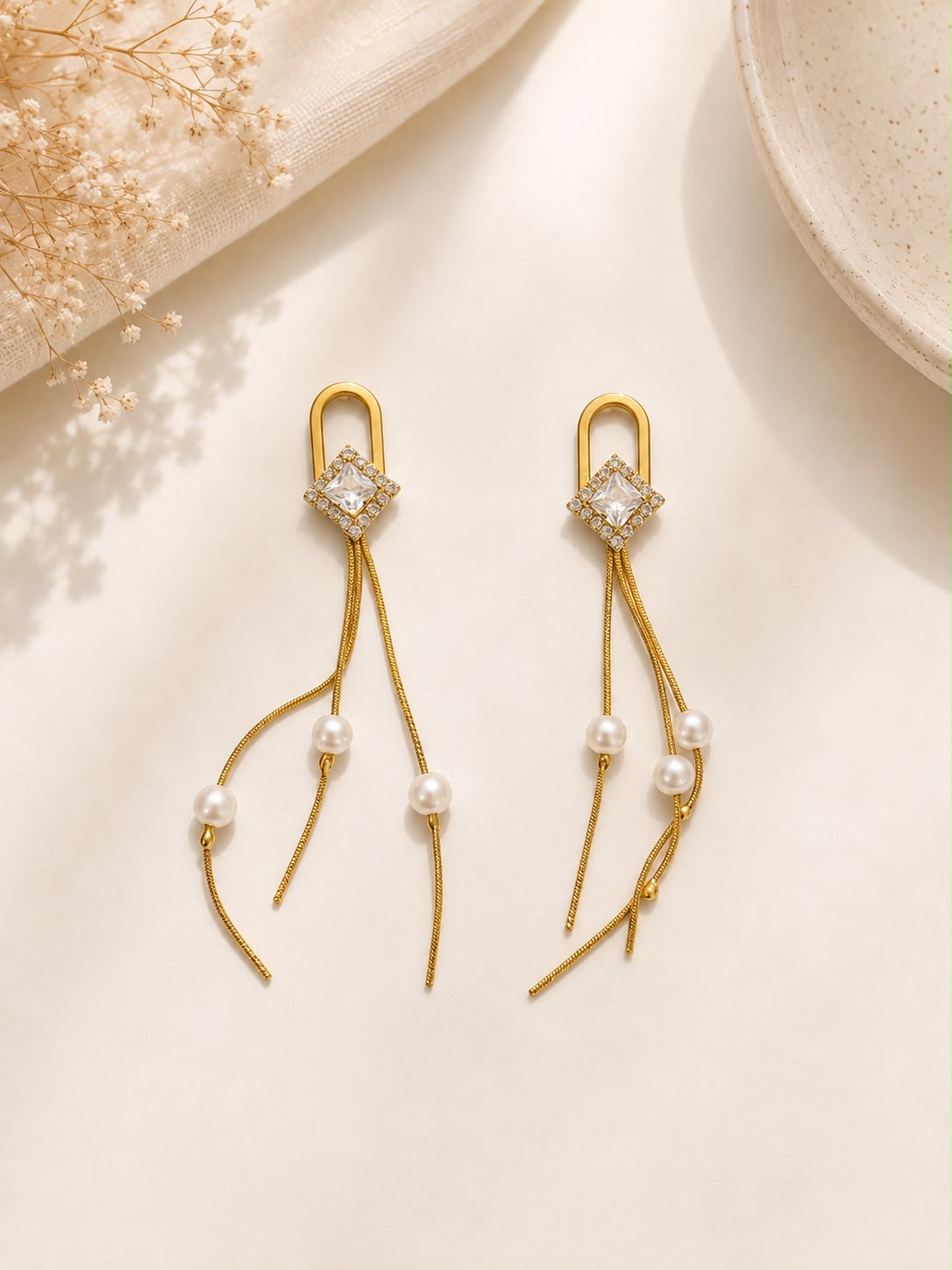 Gold-Tone Tassel Pearl Fringe Earrings