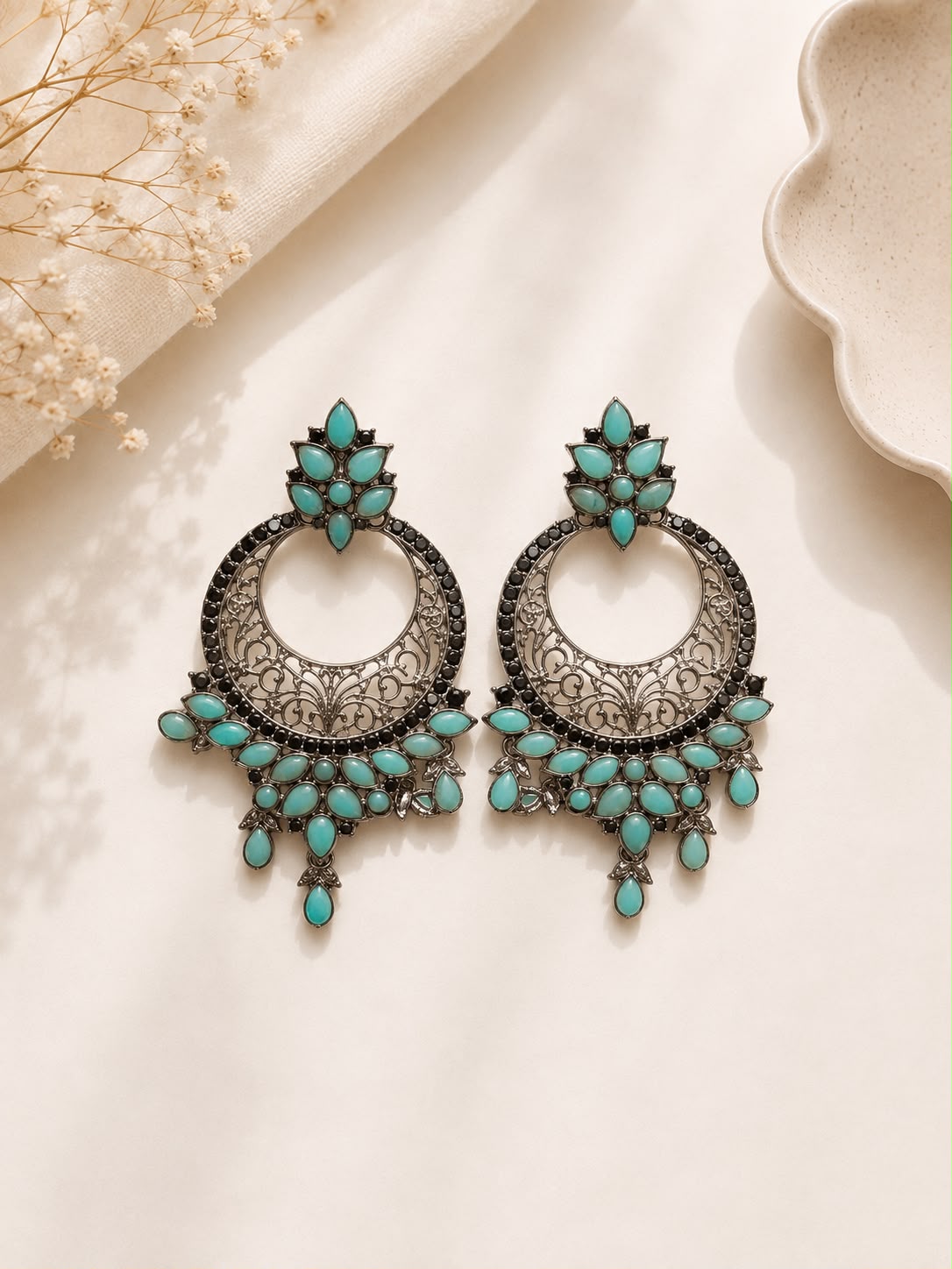 Turquoise Gunmetal Chandbali Earrings